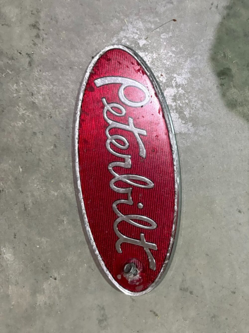 RARE Vintage Peterbilt Metal Truck Emblem 8" X 3 1/2", red and chrome